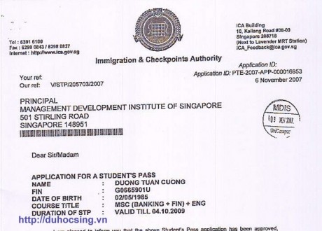 Những hình ảnh IPA (thư xác nhận có visa) của những học sinh tiêu biểu Du học Singapore năm 2007