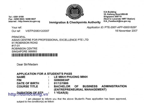 Những hình ảnh IPA (thư xác nhận có visa) của những học sinh tiêu biểu Du học Singapore năm 2007