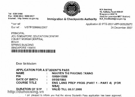 Những hình ảnh IPA (thư xác nhận có visa) của những học sinh tiêu biểu Du học Singapore năm 2007