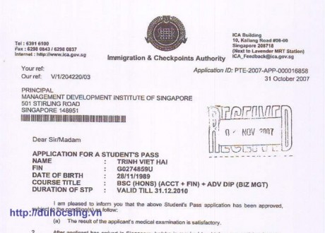 Những hình ảnh IPA (thư xác nhận có visa) của những học sinh tiêu biểu Du học Singapore năm 2007